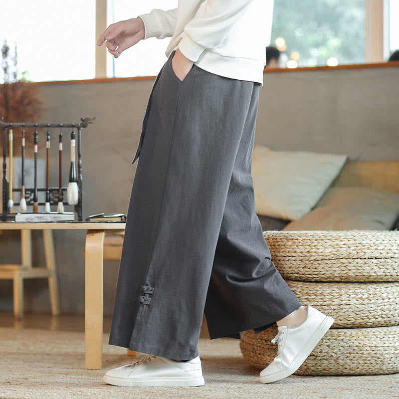 Fall Drawstring Chinese Frog-Button Men's Wide Leg Cotton Pants With Pockets