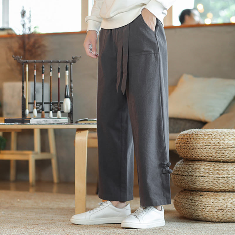 Fall Drawstring Chinese Frog-Button Men's Wide Leg Cotton Pants With Pockets
