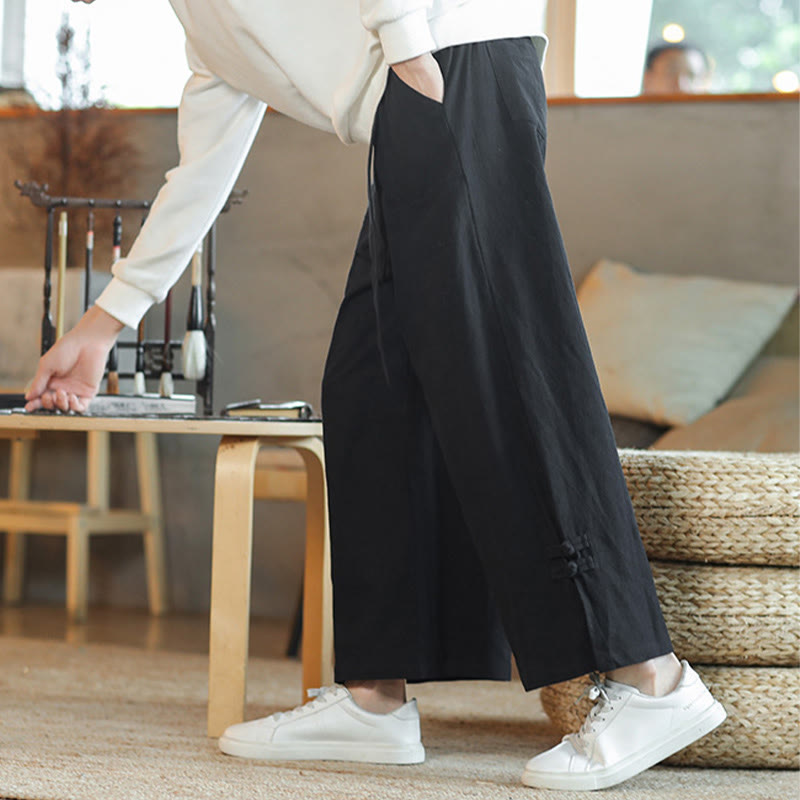 Fall Drawstring Chinese Frog-Button Men's Wide Leg Cotton Pants With Pockets