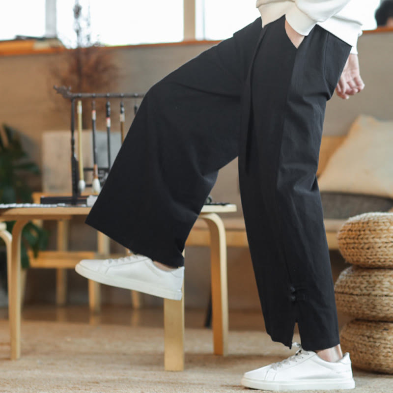 Fall Drawstring Chinese Frog-Button Men's Wide Leg Cotton Pants With Pockets