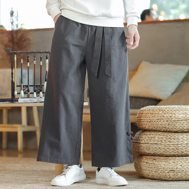 Fall Drawstring Chinese Frog-Button Men's Wide Leg Cotton Pants With Pockets