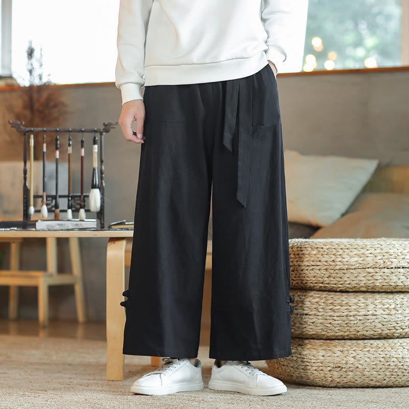 Fall Drawstring Chinese Frog-Button Men's Wide Leg Cotton Pants With Pockets