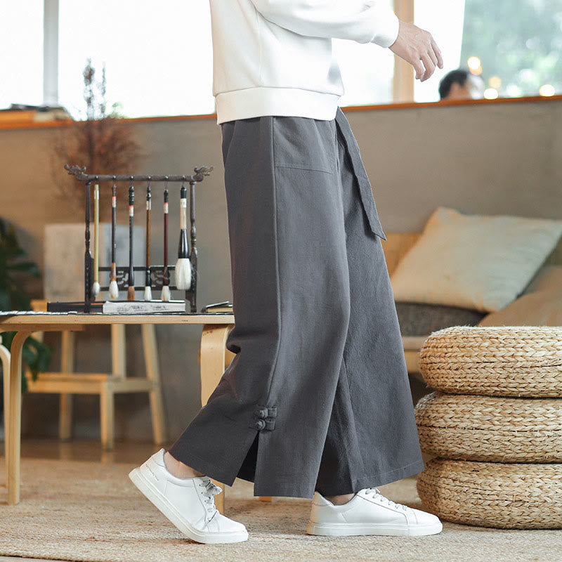 Fall Drawstring Chinese Frog-Button Men's Wide Leg Cotton Pants With Pockets