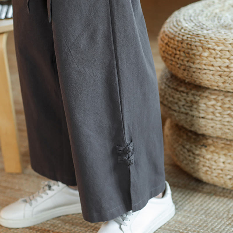 Fall Drawstring Chinese Frog-Button Men's Wide Leg Cotton Pants With Pockets