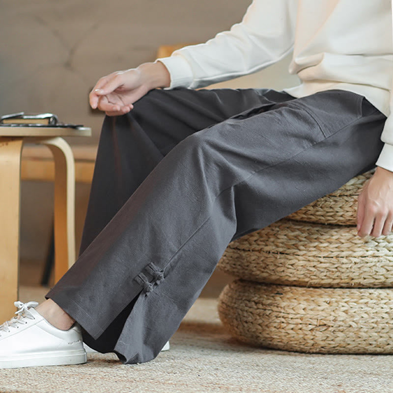 Fall Drawstring Chinese Frog-Button Men's Wide Leg Cotton Pants With Pockets