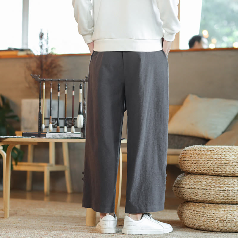 Fall Drawstring Chinese Frog-Button Men's Wide Leg Cotton Pants With Pockets