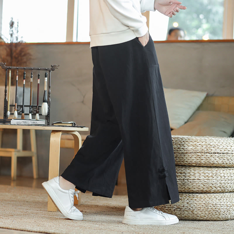 Fall Drawstring Chinese Frog-Button Men's Wide Leg Cotton Pants With Pockets