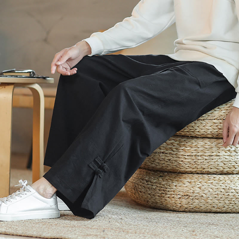 Fall Drawstring Chinese Frog-Button Men's Wide Leg Cotton Pants With Pockets