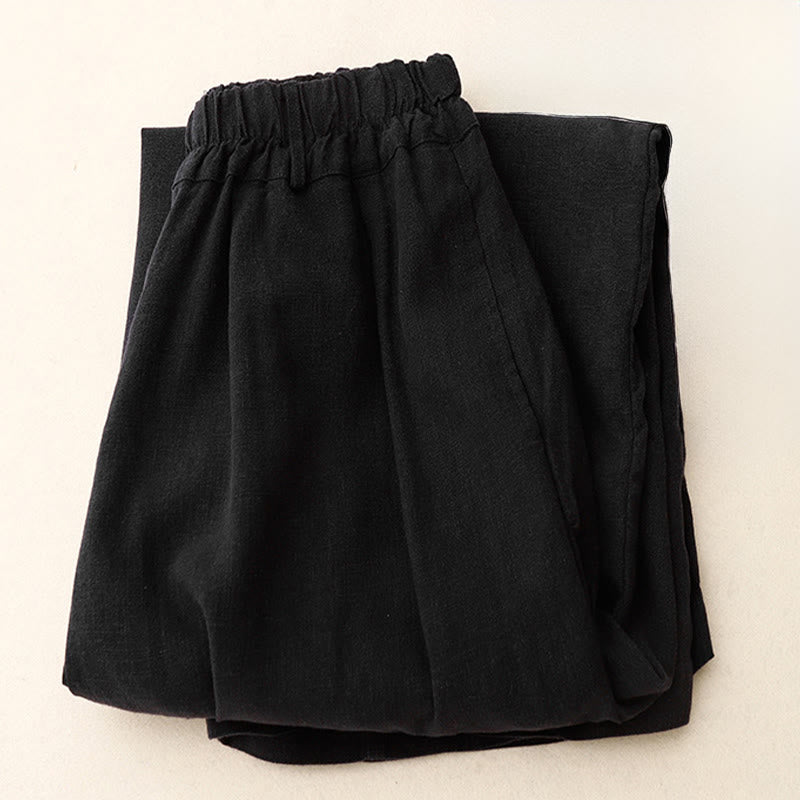 Solid Color Cotton Women's Wide Leg Pants With Pockets