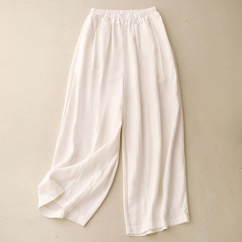 Solid Color Cotton Women's Wide Leg Pants With Pockets