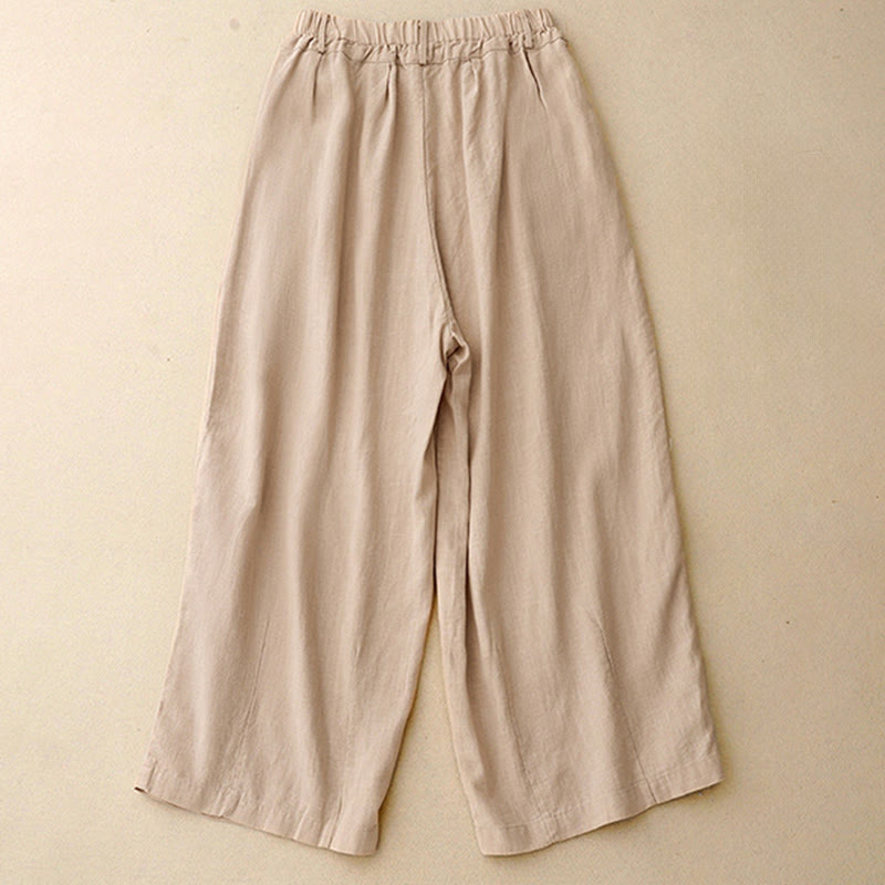 Solid Color Cotton Women's Wide Leg Pants With Pockets