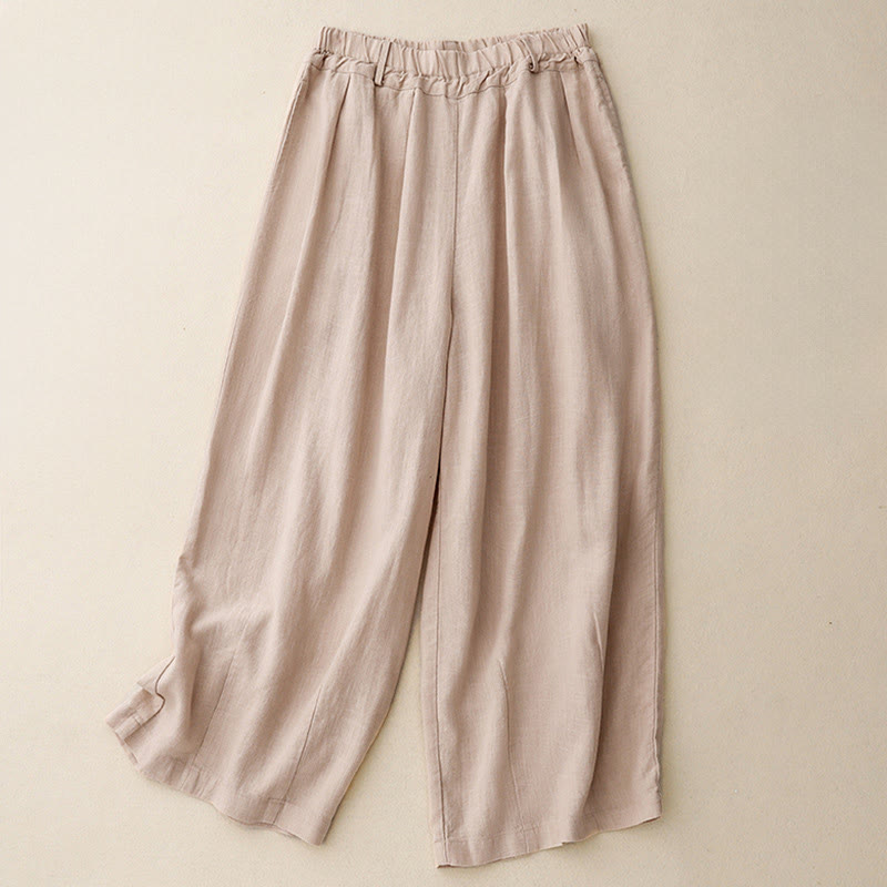 Solid Color Cotton Women's Wide Leg Pants With Pockets