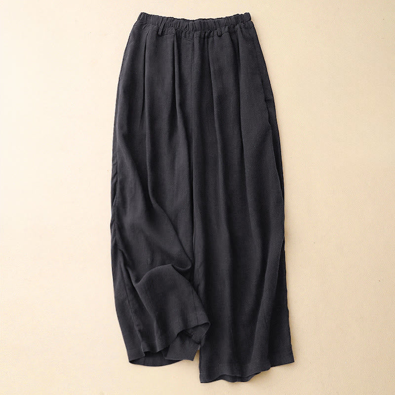 Solid Color Cotton Women's Wide Leg Pants With Pockets