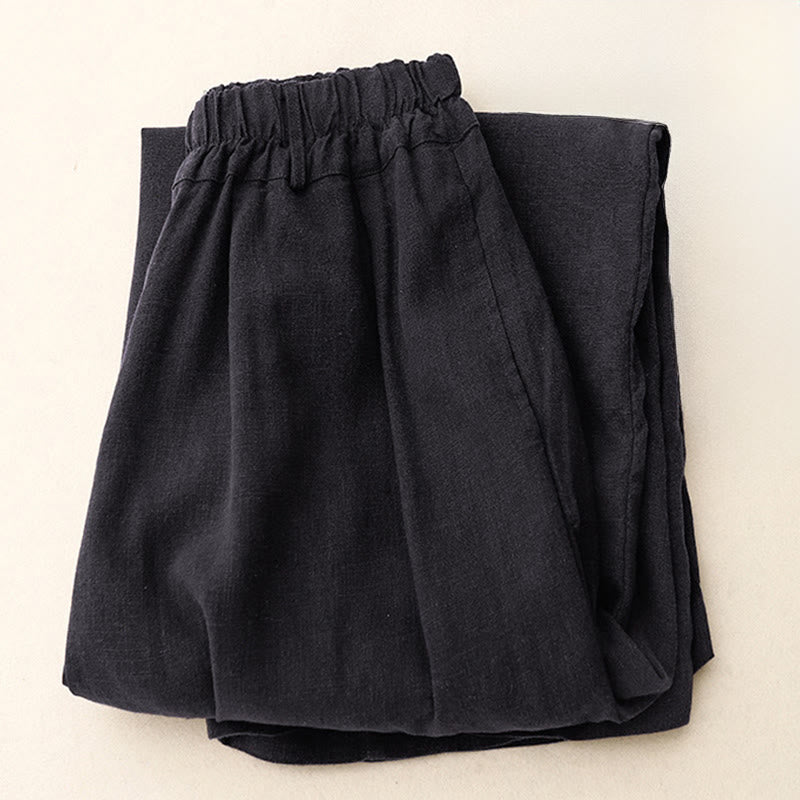 Solid Color Cotton Women's Wide Leg Pants With Pockets