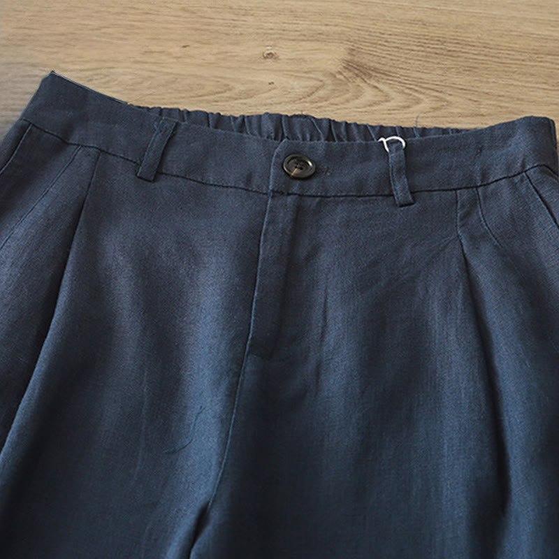 Solid Color Cotton Women's Button Wide Leg Pants With Pockets