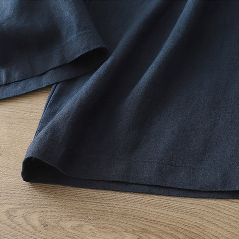 Solid Color Cotton Women's Button Wide Leg Pants With Pockets