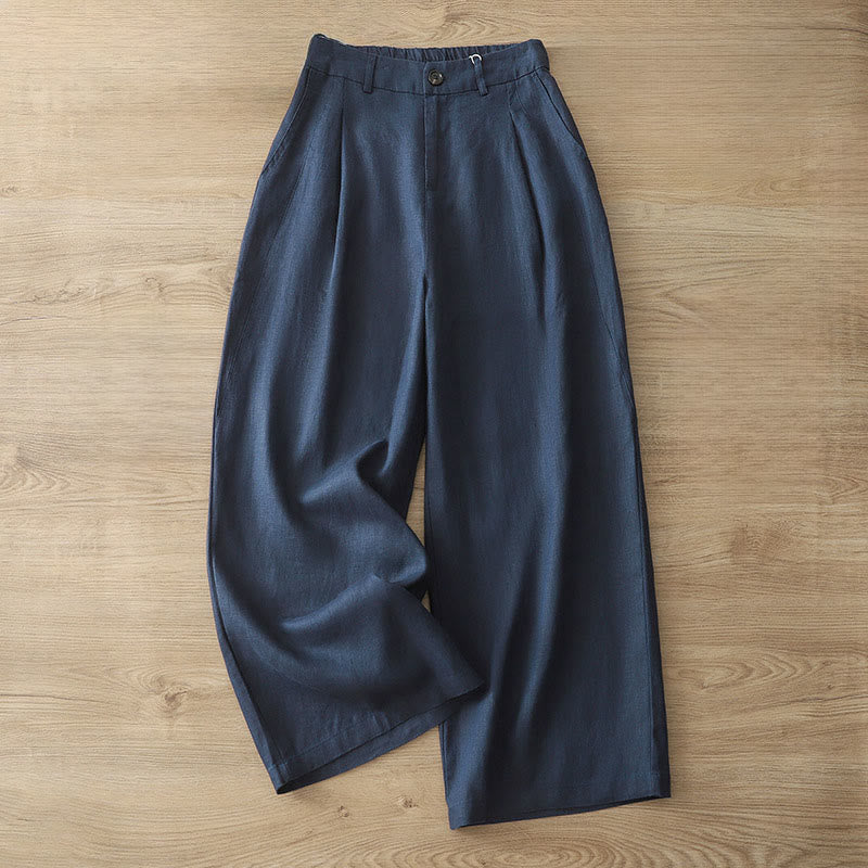 Solid Color Cotton Women's Button Wide Leg Pants With Pockets