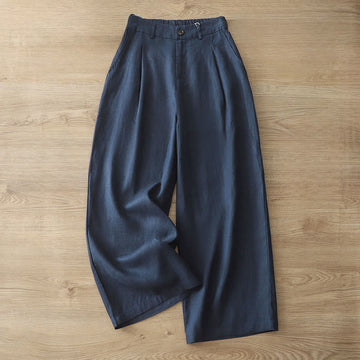 Solid Color Cotton Women's Button Wide Leg Pants With Pockets