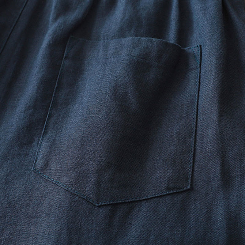 Solid Color Cotton Women's Button Wide Leg Pants With Pockets