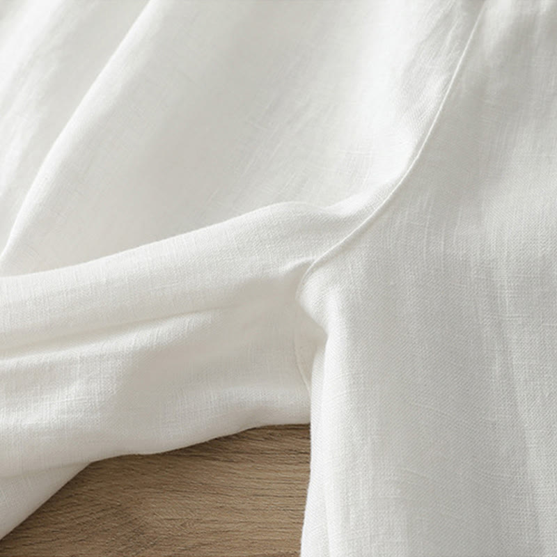 Solid Color Cotton Women's Button Wide Leg Pants With Pockets