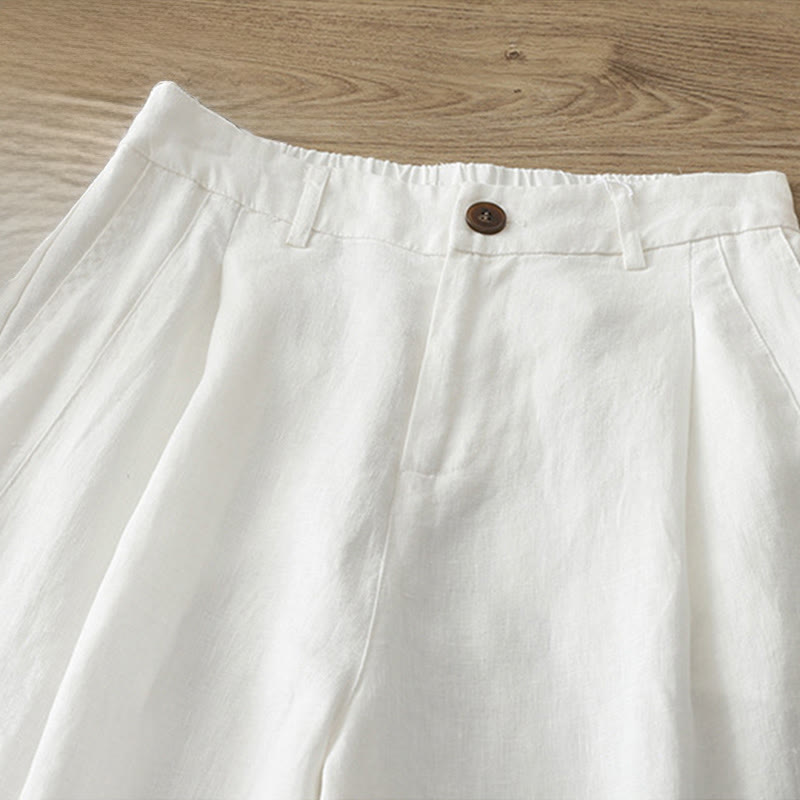 Solid Color Cotton Women's Button Wide Leg Pants With Pockets