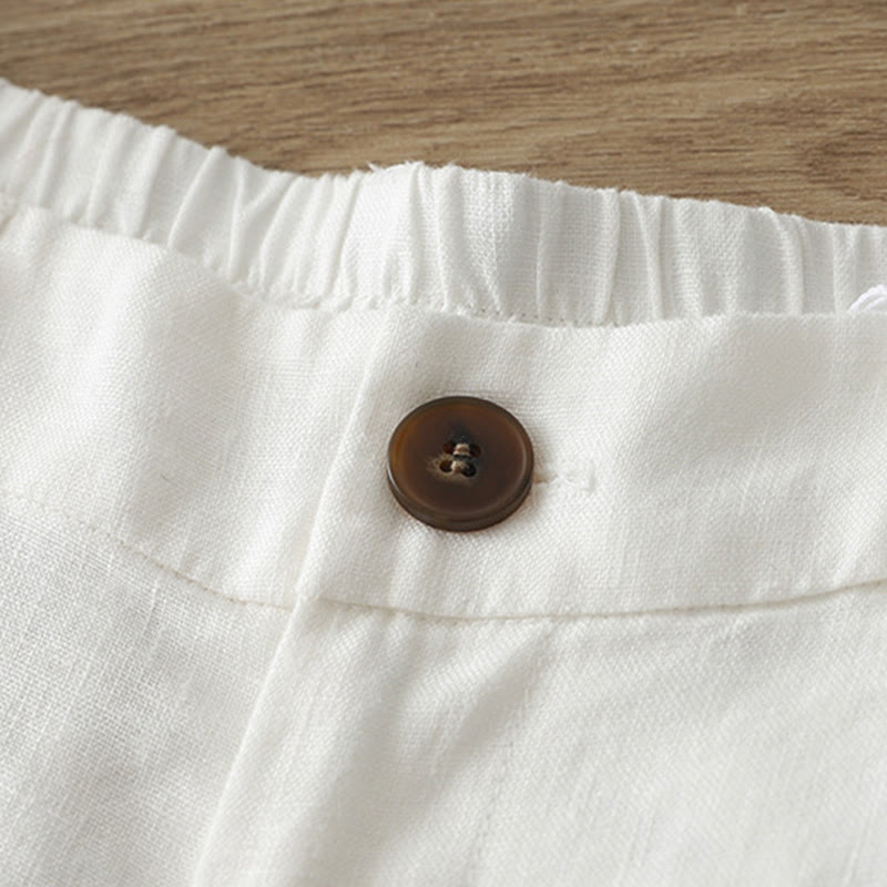 Solid Color Cotton Women's Button Wide Leg Pants With Pockets