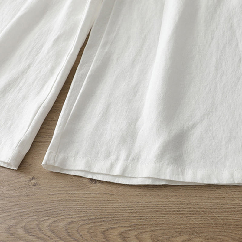 Solid Color Cotton Women's Button Wide Leg Pants With Pockets