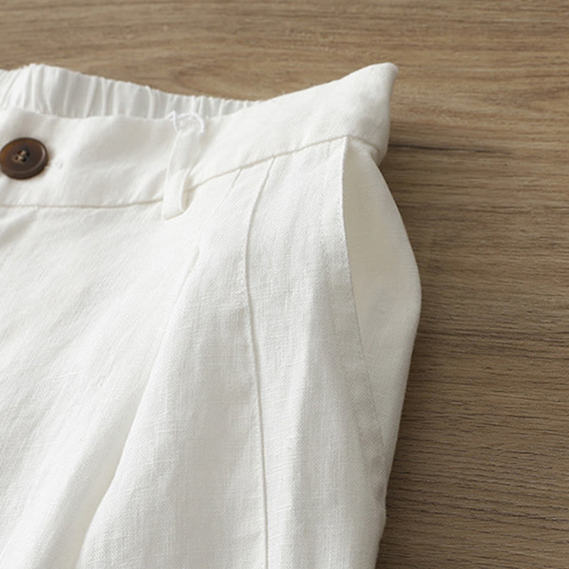 Solid Color Cotton Women's Button Wide Leg Pants With Pockets