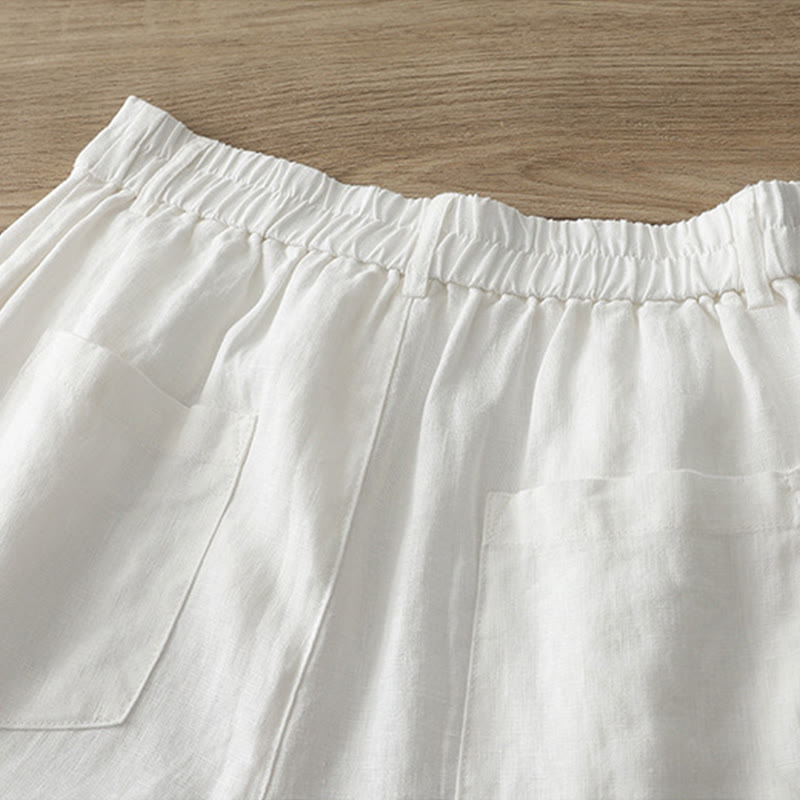 Solid Color Cotton Women's Button Wide Leg Pants With Pockets