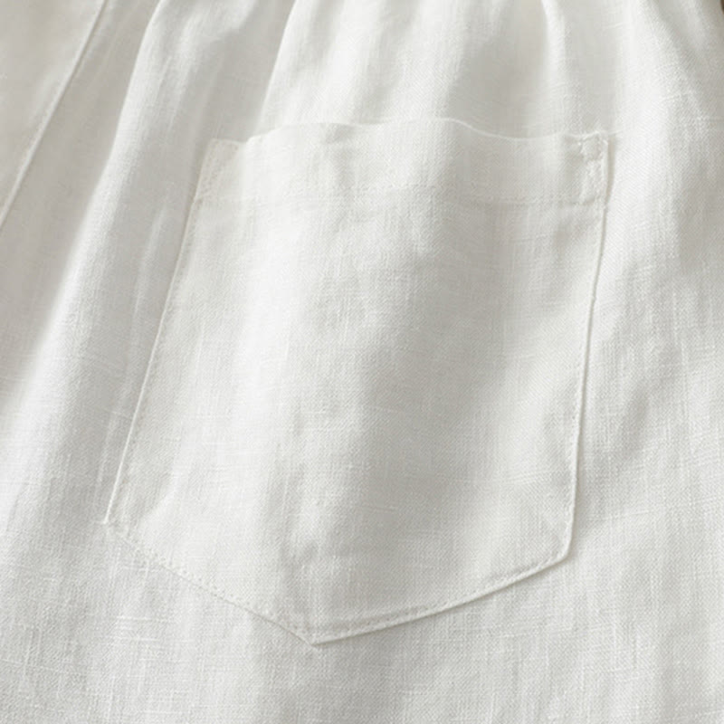 Solid Color Cotton Women's Button Wide Leg Pants With Pockets