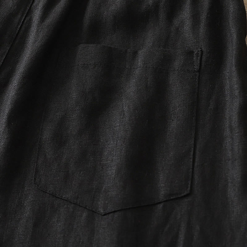 Solid Color Cotton Women's Button Wide Leg Pants With Pockets