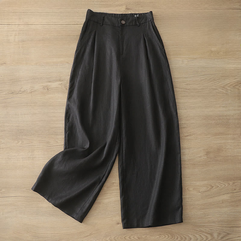 Solid Color Cotton Women's Button Wide Leg Pants With Pockets