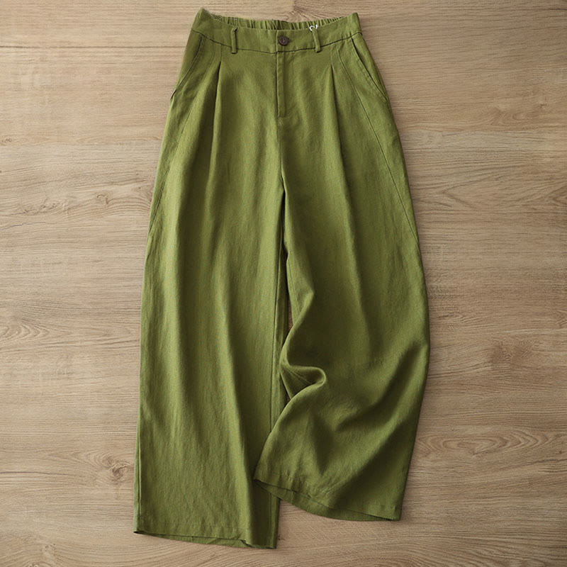Solid Color Cotton Women's Button Wide Leg Pants With Pockets