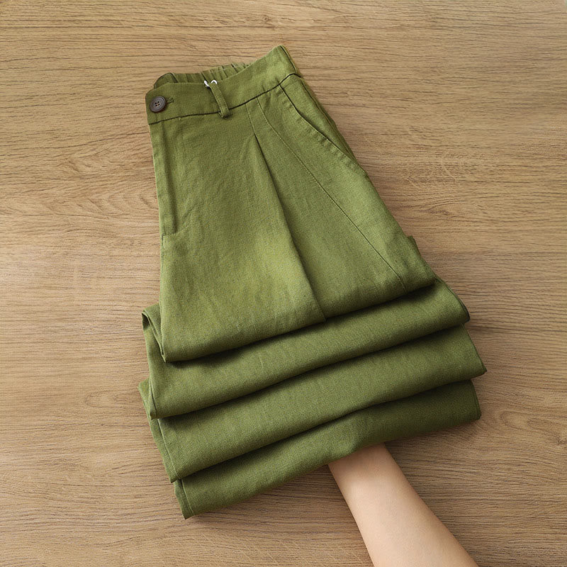 Solid Color Cotton Women's Button Wide Leg Pants With Pockets