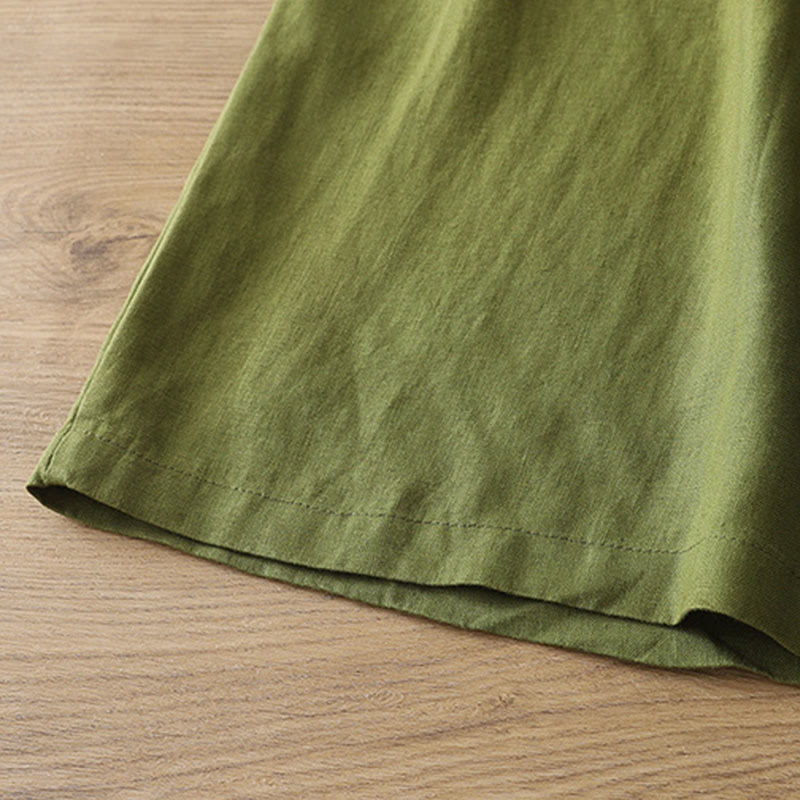 Solid Color Cotton Women's Button Wide Leg Pants With Pockets