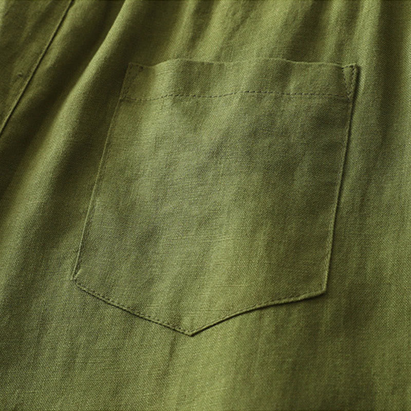 Solid Color Cotton Women's Button Wide Leg Pants With Pockets