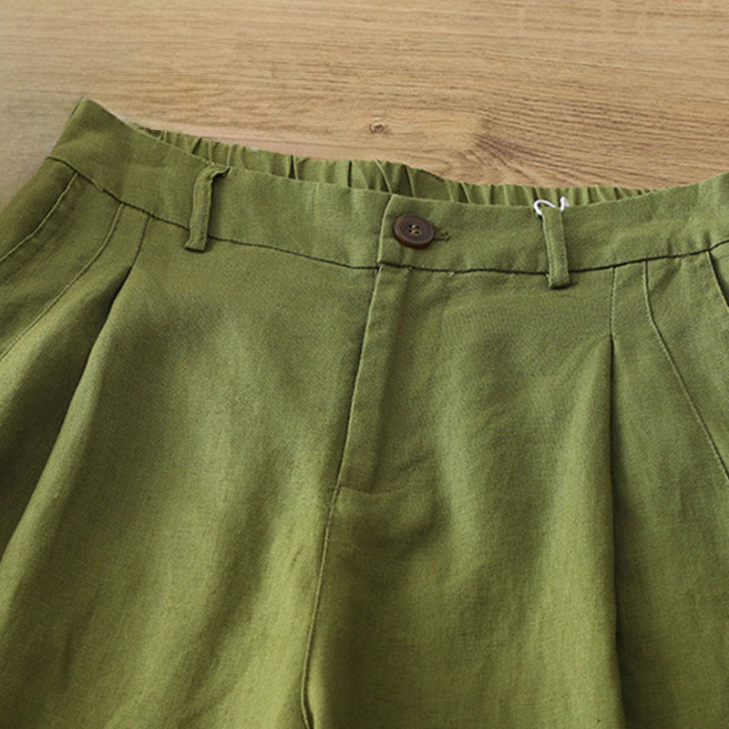 Solid Color Cotton Women's Button Wide Leg Pants With Pockets