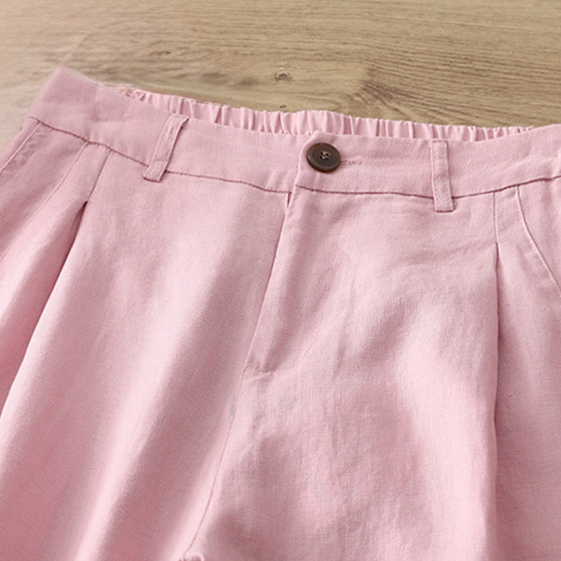 Solid Color Cotton Women's Button Wide Leg Pants With Pockets