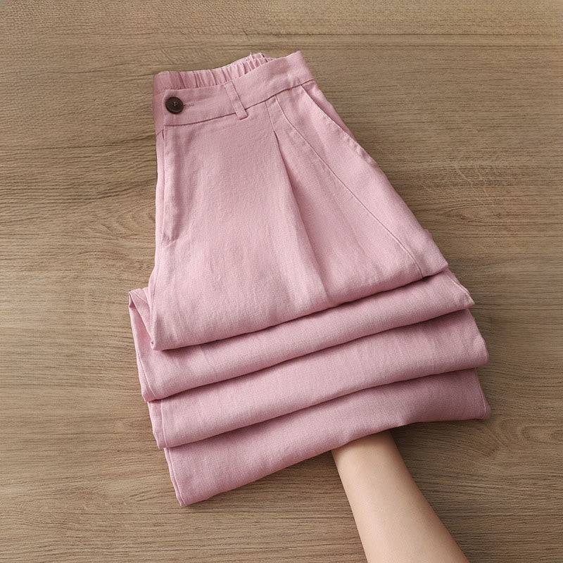 Solid Color Cotton Women's Button Wide Leg Pants With Pockets