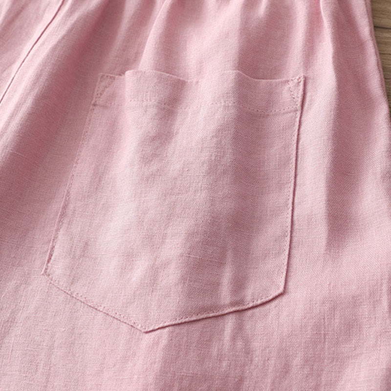 Solid Color Cotton Women's Button Wide Leg Pants With Pockets