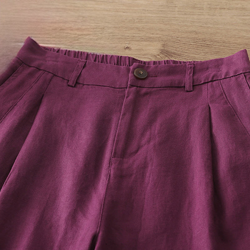 Solid Color Cotton Women's Button Wide Leg Pants With Pockets