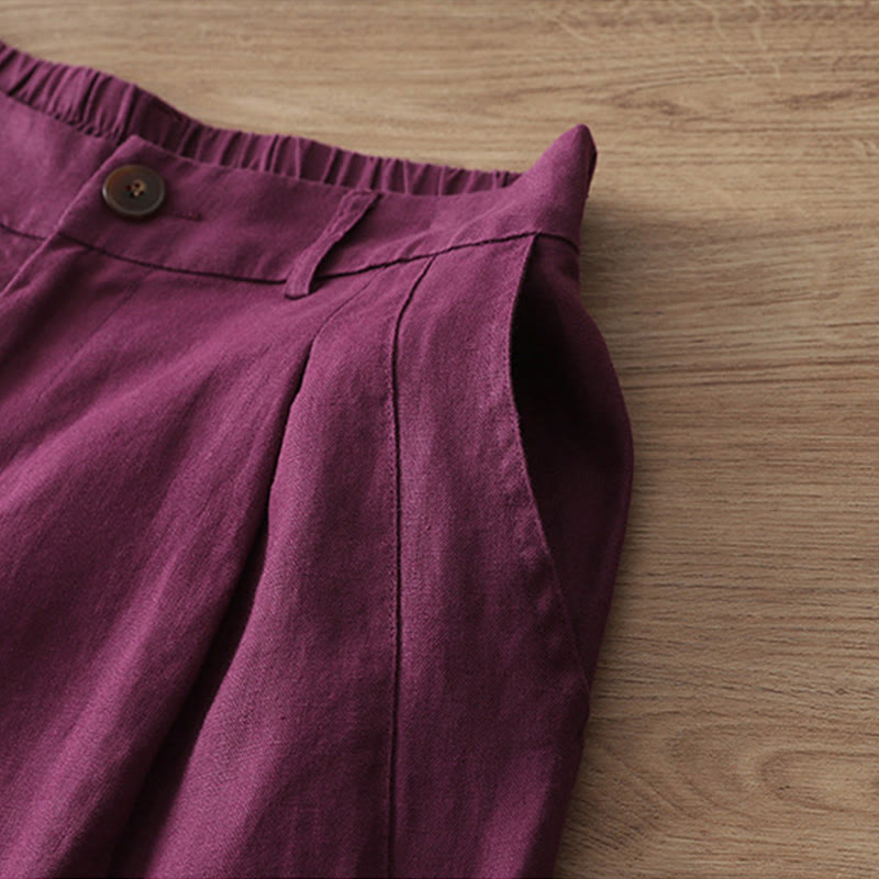 Solid Color Cotton Women's Button Wide Leg Pants With Pockets