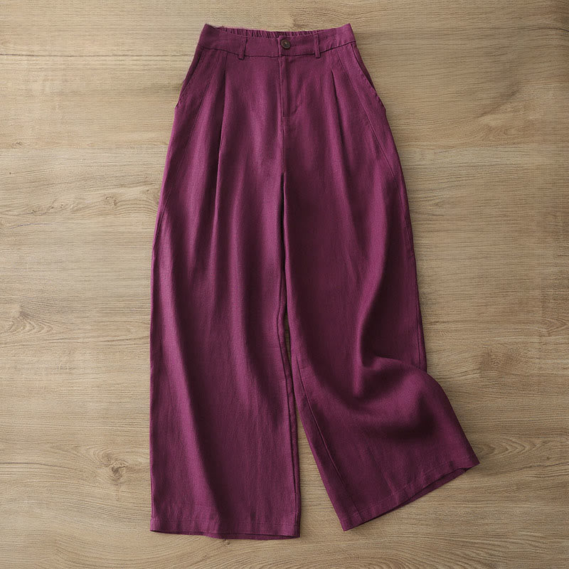 Solid Color Cotton Women's Button Wide Leg Pants With Pockets
