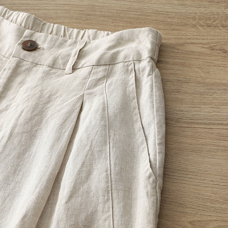 Solid Color Cotton Women's Button Wide Leg Pants With Pockets