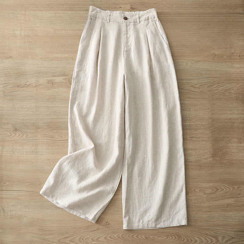 Solid Color Cotton Women's Button Wide Leg Pants With Pockets