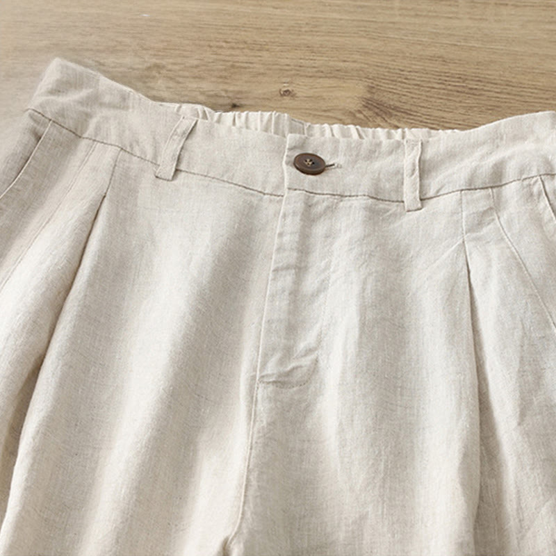 Solid Color Cotton Women's Button Wide Leg Pants With Pockets