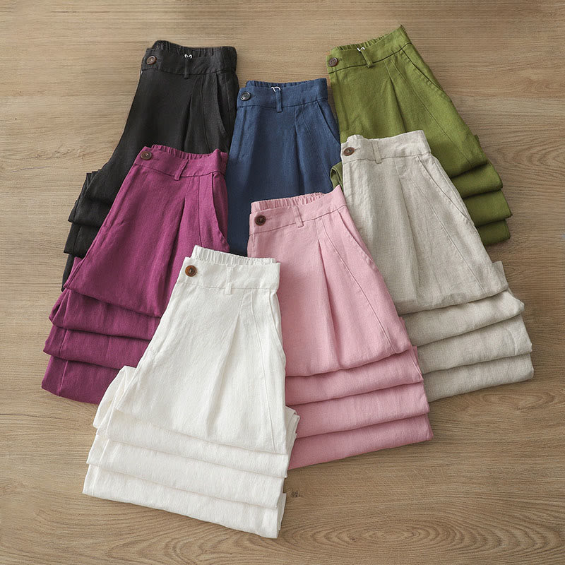 Solid Color Cotton Women's Button Wide Leg Pants With Pockets