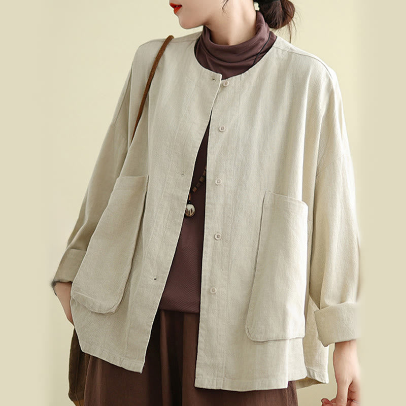 Women's Long Sleeve Crew Neck Cotton Jacket With Pockets