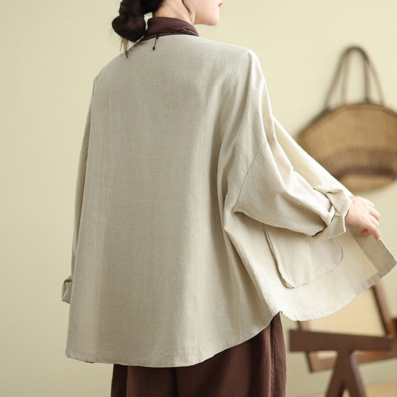 Women's Long Sleeve Crew Neck Cotton Jacket With Pockets