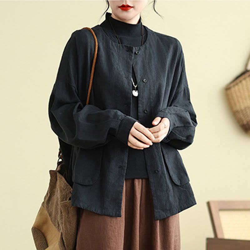 Women's Long Sleeve Crew Neck Cotton Jacket With Pockets